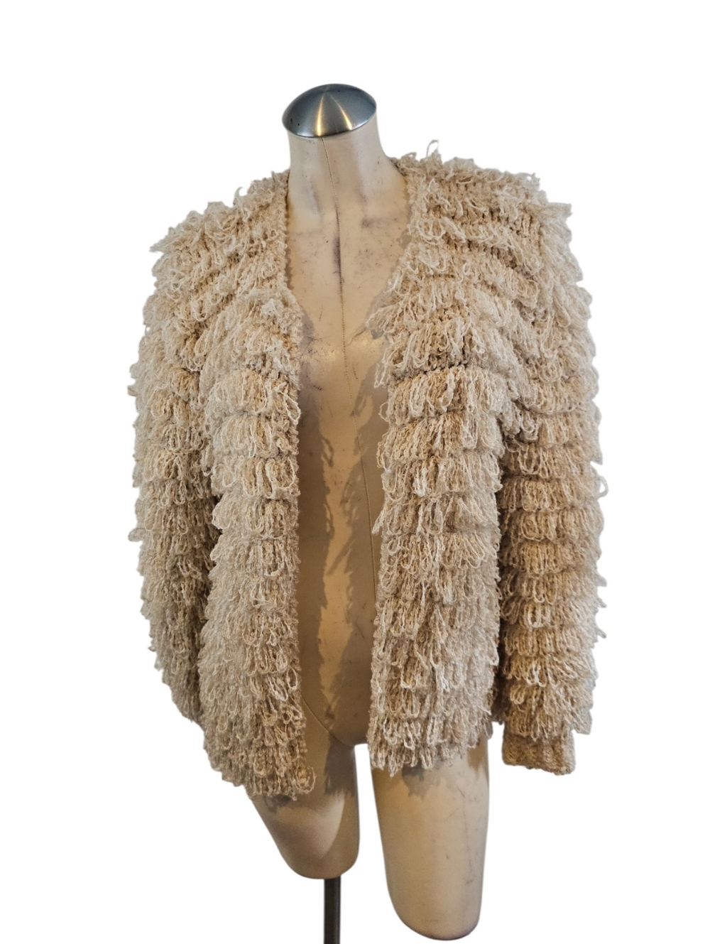 Vintage 80's Sideffects M Beige Loop-Texture Open Cardigan Jacket Hand Crochet